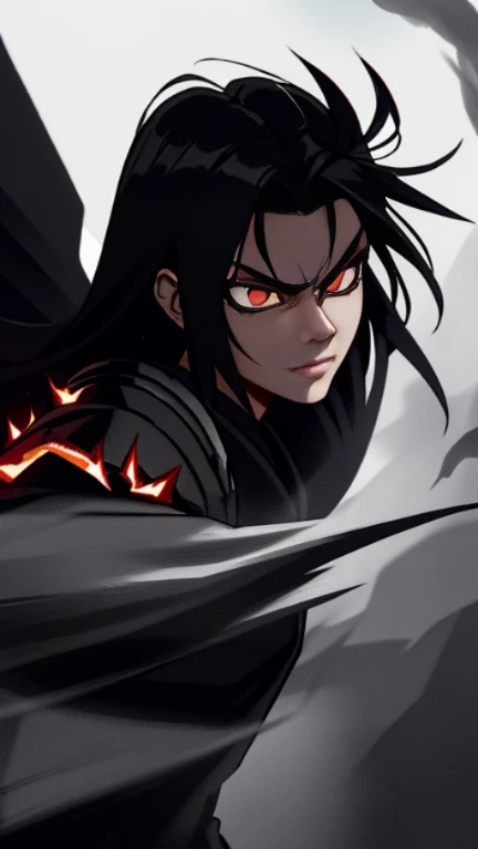 Masterpiece, highest quality, ultra detailed, conceptual art, illustration, digital art, solo, young pale ninja hidden in the forest, surrounded by black smoke and ash (angry expression), long black hair, red irises, samurai, black armor with silver accent...