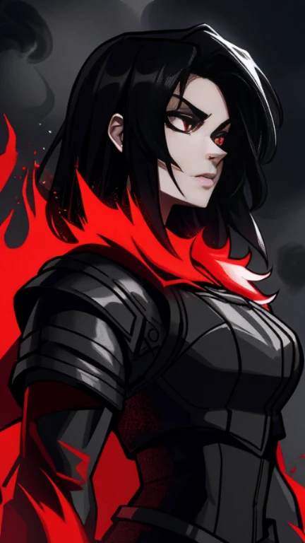 Masterpiece, highest quality, ultra detailed, conceptual art, illustration, digital art, solo, young pale hidden in the forest, surrounded by black smoke and ash (angry expression), long black hair, red irises, black armor with silver accents, incredibly b...