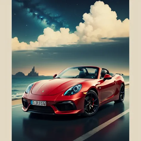 ((an illustration、flat design、print、ukiyo-e)), (bright red convertible porsche),isometric, bright color vector, (seaside city, p...