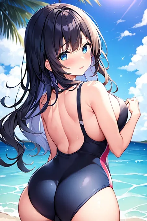 1girl, large breasts, thick thighs, wide hips, blush, blushing, wavy mouth, shy, timid, blue eyes, dark blue hair, black hair, black swimsuit, one-piece swimsuit, blue trim, light blue trim, from behind, ass, competition swimsuit