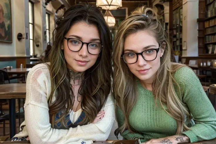 two gorgeous artsy women, long flowing thick natural hair, dressed in  knit sweaters and ripped jeans pants, jewelry, tattoos, i...