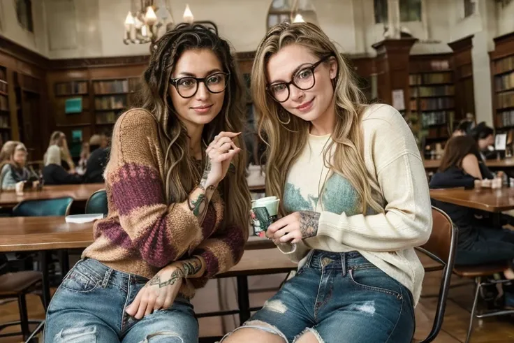 two gorgeous artsy women, long flowing thick natural hair, dressed in  knit sweaters and ripped jeans pants, jewelry, tattoos, i...