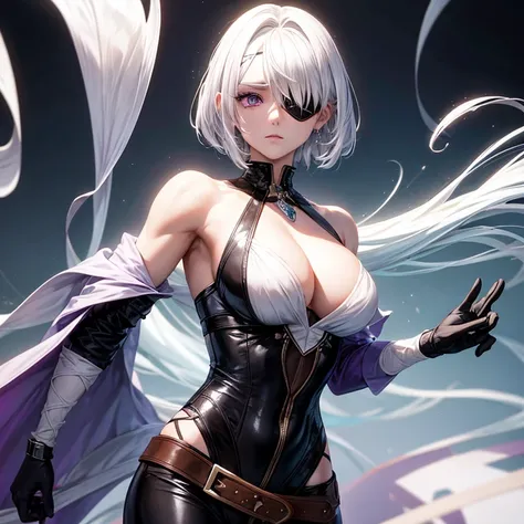 Woman who stands out for her short white hair that flows in cascades, giving her a distinctive and unique appearance. His gaze is framed by an eyepatch that covers his right eye, his hair covers the eyepatch to conceal it, adding an intriguing mystery to h...