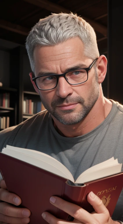 An award-winning original photo，A wild muscular man, (40 years old daddy:1.3), 1boy, Solo, silver hair, (big shoulders), musculature, stubbles, Short beard, Beautiful eyes:1.3, ), (Detailed face:1.3), wearing glasses, smiles, (reading a book), Dynamic Angl...