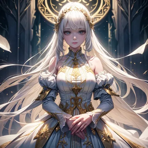 A girl with long white hair and fair white skin, adorned in a white dress accentuated with golden accents, stands amongst a forest of movie lights in this masterpiece of highest quality art. The darkness and low light enveloping the scene intensifies the c...