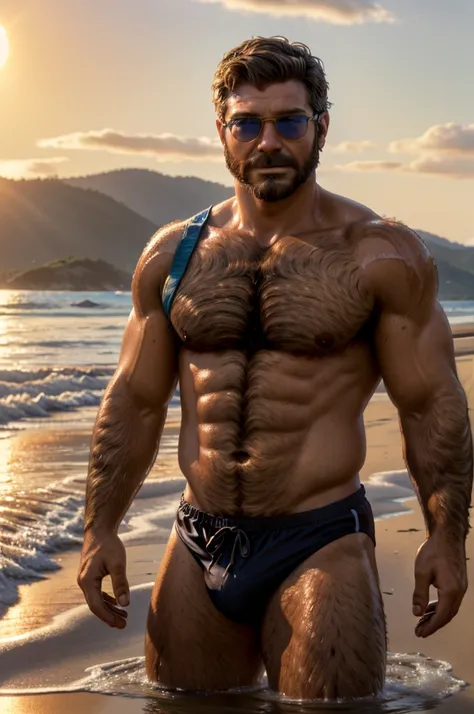 realistic photo scene 8k UHD ((ultra detailed masterpiece)), young handsome man, male, wide view, full body portrait, short dark-brown hair, beard, extremely hairy, body hair, bathing suit, beach, sunny, wearing sun glasses, looking towards the sunset, 