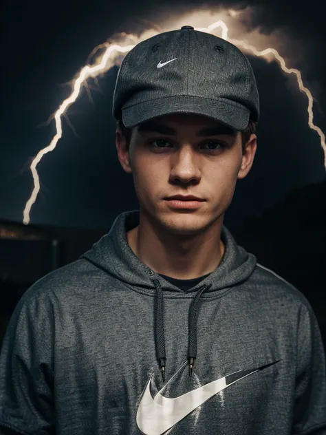 white male person 20 years old front with short hair and nike sweatshirt with lightning bolts behind, a lost of textures, with cap and full hd