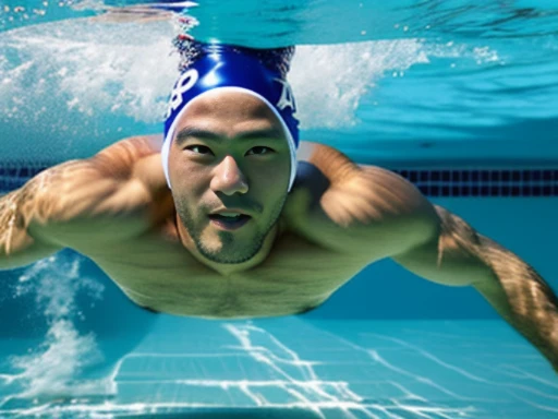 Full body image of a Japanese man、male student、Men&#39;s swimming club member、Male life saving club member、Men&#39;s water polo club members、Shaved Head Man、Dark-skinned man、muscular man、man sinking in the bathtub、man sinking at the bottom of the pool、man ...