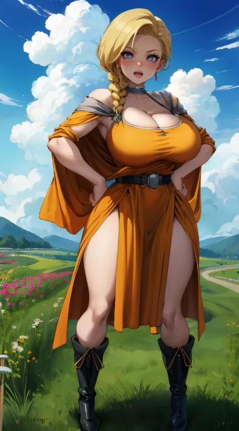 masterpiece, best quality, dqBianca, single braid, earrings, choker, orange cloak, green dress, belt, looking at viewer, big breasts, showing cleavage, mature woman, hands on hips, boots, giggle, open mouth, wrinkled frown, smile, sky, clouds, fields