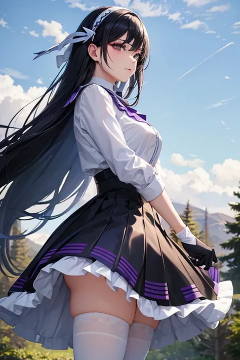 woman, black hair, purple feathers in hair, blue skirt, white thigh highs, standing in the wind, white evening gloves, hill, trees, wind blowing up skirt