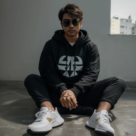 Create 3D illusion for a profile picture whare a 25-Year-old cute boy in a black hoodie sitting casually on a white Toyota . Wearing sneakers, and sunglasses, he looke ahead. The background features "Bikash" in big and capital Yellow neno light fonts on th...