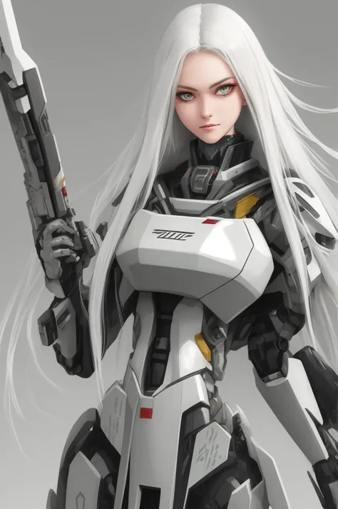 girl，Long white hair，in mecha style，Willow eyebrows，handheldweapons