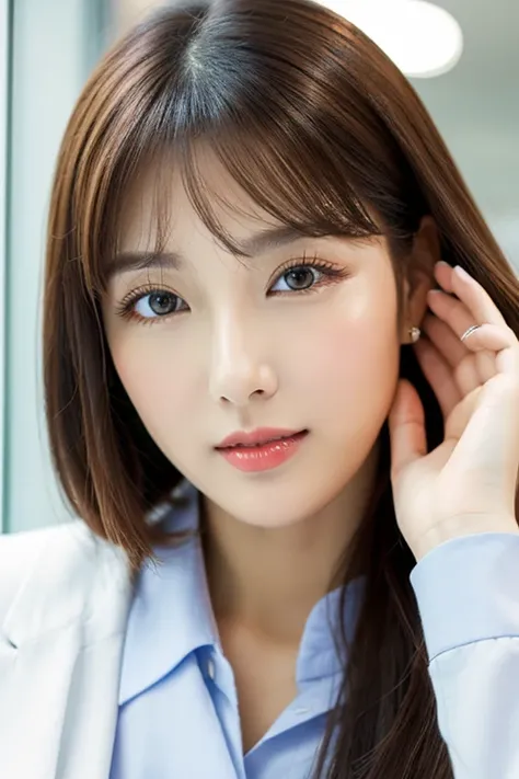 career woman,Beauty,make,Cosmetics Advertising,Idol,model,cute,,indoor,medium hair,droopy eyes,fluffy,refreshing,Korean,Minato-ku,beautiful,White system,Wave winding,Parallel eyebrows,see-through bangs,both hands,Red Lip,Office Casual