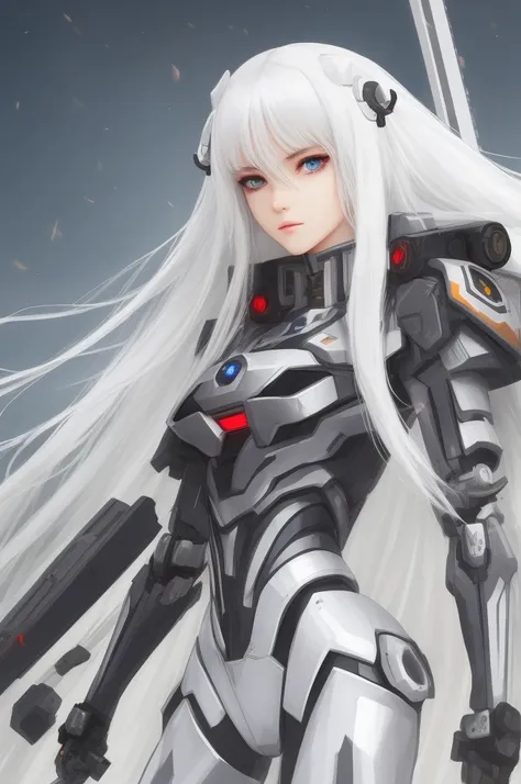 girl，Long white hair，in mecha style，Willow eyebrows，handheldweapons