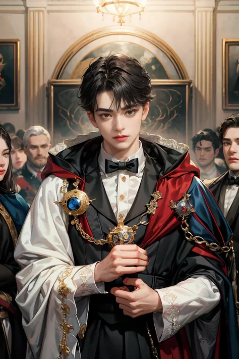 masterpiece, 最high quality, high quality, 1 boy, alone, male focus, looking at the viewer, Upper body, victory_destiny, messy black hair, blue adorable big eyes, white people, Noble, historic, noble, noble的な, victorian、Large red and black cloak with collar...