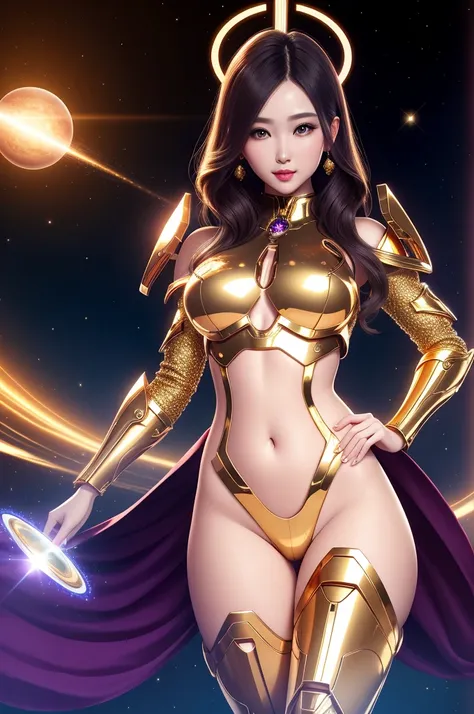 Surreal Beauty Chief, Gold armor，whole body, beauty，charming，sexy，Galaxy background highlights the halo in the background