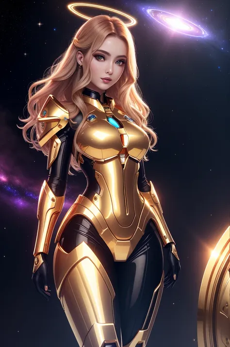 Surreal Beauty Chief, Gold armor，whole body, beauty，charming，sexy，Galaxy background highlights the halo in the background