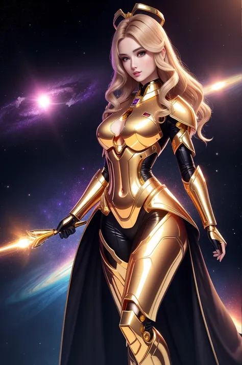 surreal beauty chief, gold armor，whole body, beauty，charming，sexy，galaxy background highlights the halo in the background