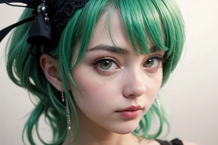 cute puffy goth girl, green bob hair, punk-rock Lolita, ((best quality)), ((masterpiece)), (detailed), perfect face