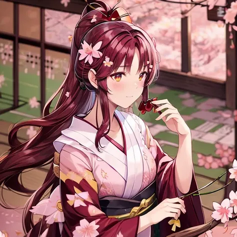 1 girl、background blur、branch、brown hair、long hair、high ponytail、dappled sunlight、flower、hair ornaments、kimono、kimono、leaf、(cher...