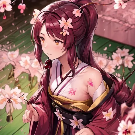 1 girl、background blur、branch、brown hair、long hair、high ponytail、dappled sunlight、flower、hair ornaments、kimono、kimono、leaf、(cher...