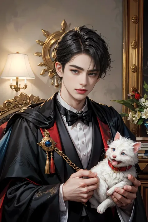 masterpiece, 最high quality, high quality, 1 boy, alone, male focus, looking at the viewer, whole body, victory_destiny, messy black hair, blue adorable big eyes, white people, Noble, noble, noble的な吸血鬼、Tuxedo,Large red and black cloak with collar, 18-year-o...