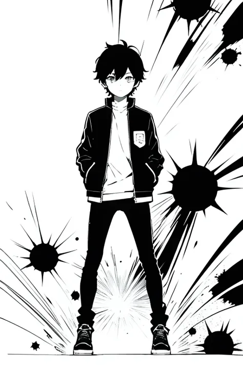 omori artstyle, dark skin, drawing, omori, korean middle part, bomber jacket, white background, boy, sketch, standing, looking at viewer, black paint in background