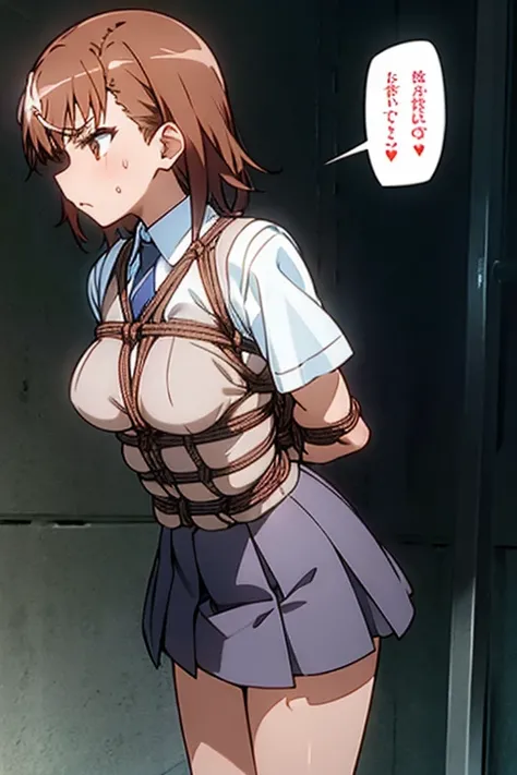 superior_Mikoto, 1 girl, alone, School_uniform, 　troubled face　tokiwadai_School_uniform, sweater_vest, skirt, Brown_sweater_vest 全身, 　she is wet((shibari, turn your arms behind your back:1.4)), ((put your hands behind your back)), ((tied with rope)), ((tie...