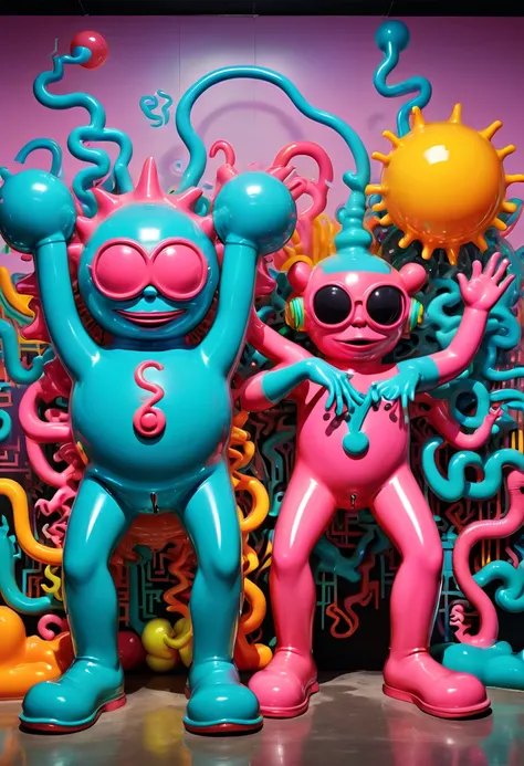 Vaporwave Aesthetic art, retro futurism art, Art Deco, by Keith Haring and Dale Chihuly, panoramic, Ultra high saturation, (best quality, masterpiece, Representative work, official art, Professional, 8k)