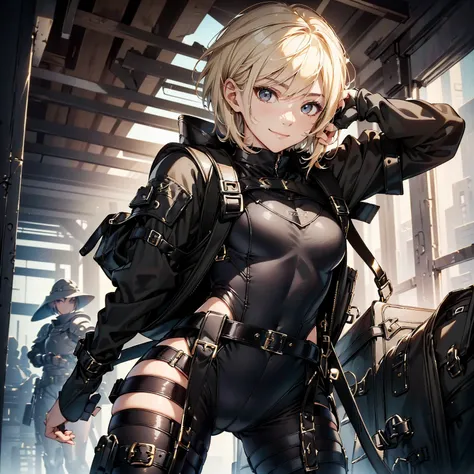 (masterpiece、highest quality、highest resolution、clear_image、detailed details): (whole body、18 year old female fighter，Slender、small face、black super bob short hair、Shiny black tight combat uniform，tight suit、Gentle smile、Backpack)