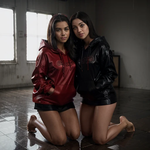 couple two of a twenti five-year-old girl，Wear a red and black hoodie，full body pov，Half-kneeling position，Bare legged，Barefoot，Standing in heavy rain，Accentuate the texture of raincoats and gelcoats，Accentuates the translucent texture of the hoodie