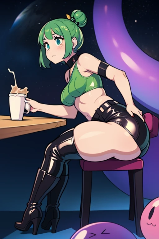  dark green slime girl, hair is in space buns, wears a tight leather mini tube top that squeezes her A cup breast, a leather mini skirt that barely covers her small but round butt, exposing it any time she leans over or sits down, tight leather stocking th...