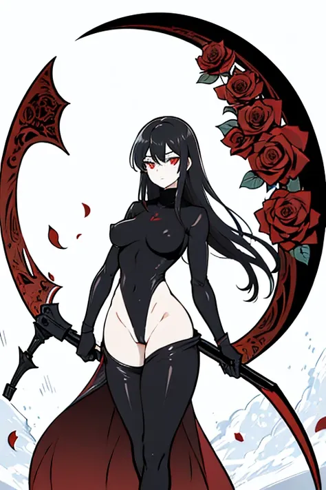 female, black hair, long hair, black turtleneck bodysuit, red eyes, red rose petals, highres, absurdres, 8K, masterpiece, looking at viewer, nsfw, snow, big waist, holding scythe