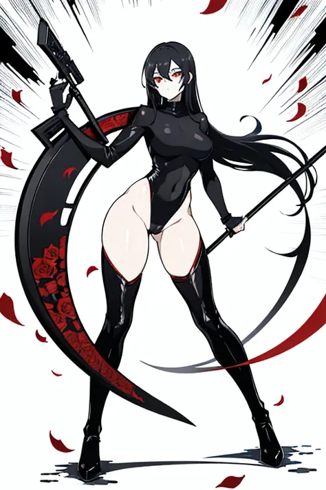 female, black hair, long hair, black turtleneck bodysuit, red eyes, red rose petals, highres, absurdres, 8K, masterpiece, looking at viewer, nsfw, snow, big waist, holding scythe