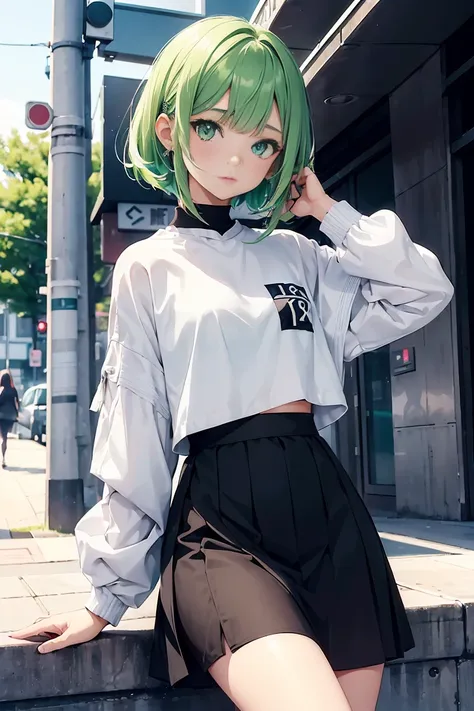 ((1 girl)), latest trend clothes, Street fashion,Cute outfit, skirt,black tights,sit,((Super detailed,highest quality, High resolution, 8k wallpaper, beautiful clothes,)),((Small story、Pastel colors hair, shortcut,Side Up,asymmetrical bangs)) (Light green ...