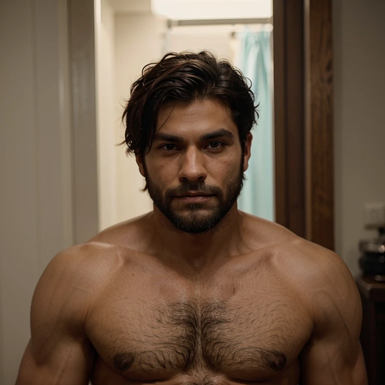 a shirtless male werewolf in human form, short medium hair, slightly hairy and beard