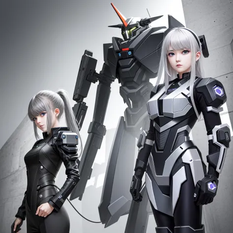 cyber punk perssonage，Silver-haired girl，The mech stood behind the girl。