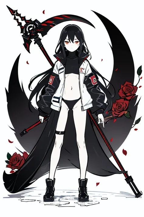 female, black hair, long hair, black turtleneck bodysuit, red eyes, red rose petals, highres, absurdres, 8K, masterpiece, looking at viewer, nsfw, snow, big waist, holding scythe, standing with boy | omori artstyle, dark skin, drawing, omori, middle part, ...