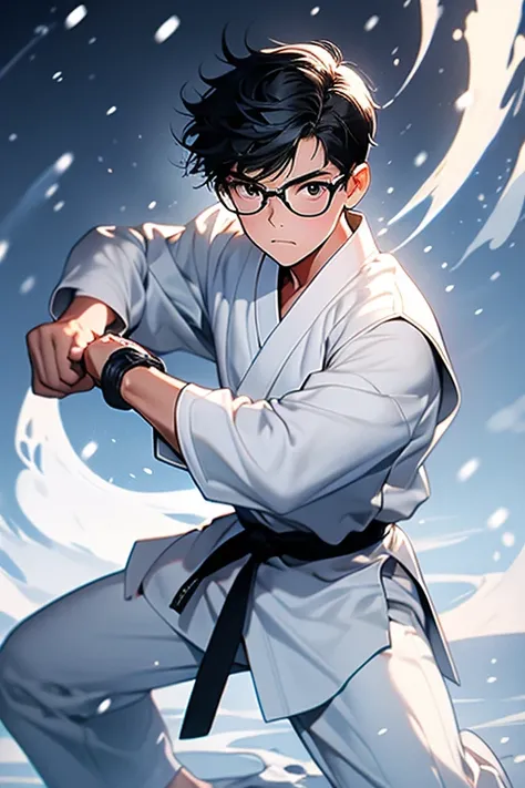 12-year-old boy,short hair,black hair,Glasses,Plain clothing,Pure white karate uniform,white collar,Karate Stance,,Fighting Boy,martial arts,alone, 1 boy, looking at the viewer,No background,white long sleeve,martial arts場,white pants,Snow-white clothes,Bl...