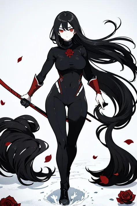 female, black hair, long hair, black turtleneck bodysuit, red eyes, red rose petals, highres, absurdres, 8K, masterpiece, looking at viewer, nsfw, snow, big waist, holding scythe, closeup