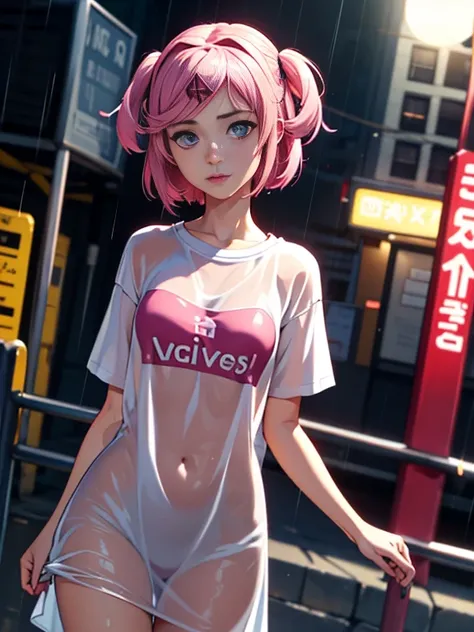 Best Quality, Masterpiece, Ultra High Resolution, (Realism: 1.4), Original Photo, 1Girl, wearing a wet t-shirt dress in the rain, carefree, dancing, wet clothes, clinging, ddlcnatsuki,