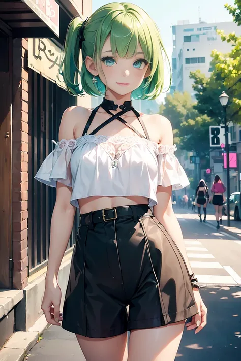 ((1 girl)), latest trend clothes, Street fashion,Cute outfit,A big smile, bare shoulders,shorts,black tights,relaxed pose、((Super detailed,highest quality, High resolution, 8k wallpaper, beautiful clothes,)),((Small story、Pastel colors hair, shortcut,Side ...