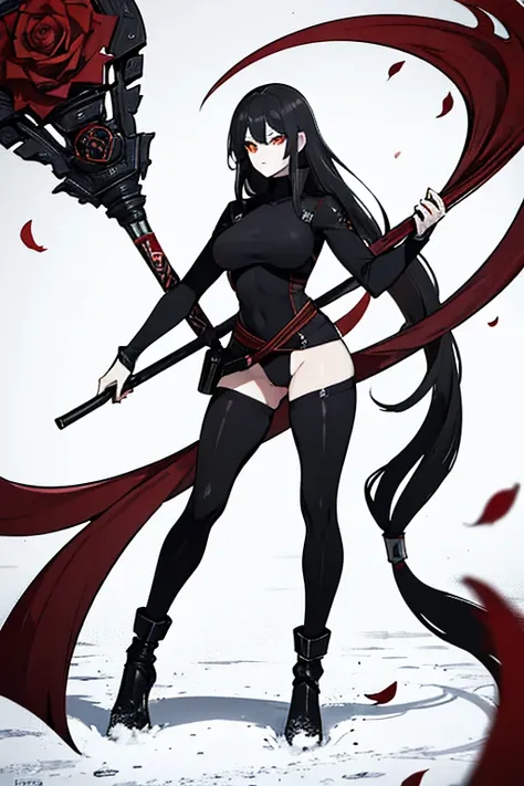 female, black hair, long hair, black turtleneck bodysuit, red eyes, red rose petals, highres, absurdres, 8K, masterpiece, looking at viewer, nsfw, snow, big waist, holding scythe, closeup