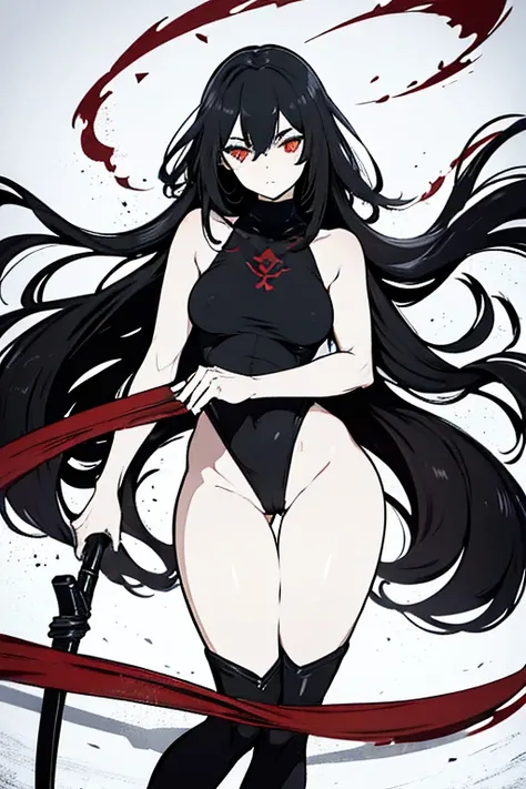 female, black hair, long hair, black turtleneck bodysuit, red eyes, red rose petals, highres, absurdres, 8K, masterpiece, looking at viewer, nsfw, snow, big waist, holding scythe, closeup