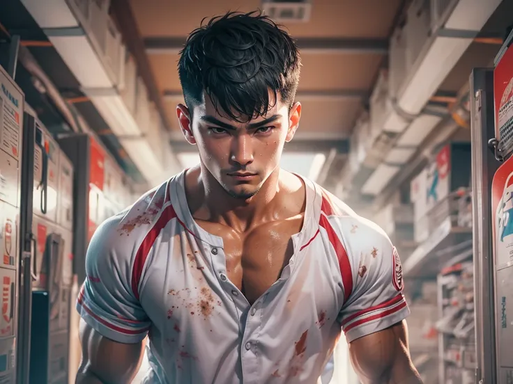 shoot from below, (masterpiece, highest quality ), 1 man, Japanese、muscular, short hair,  ((Balanced face)), Fearless face、manly、white baseball uniform、sweaty body、Bright colors, dark、Dirty locker room、dynamic pose, seducing、sexy、 