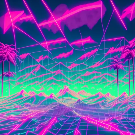 snthwve style, nvinkpunk, neon sky, neon grid, doves, clouds, vaporwave, c4d, unreal engine 5, double exposure waves