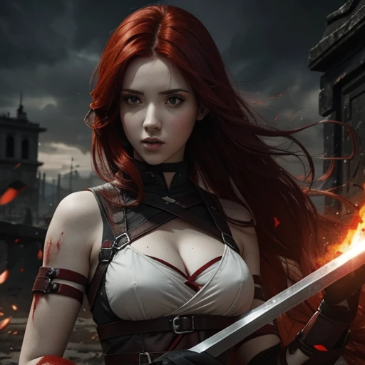 Susan coffey guerrera alada, alas rojas detras de la espalada, anchas y fueryes blancas, con las puntas rojas. She has blood red hair and is ready for combat with a scythe in her hand., hermosa, letal, misterio, fuego