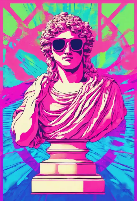 marble greek statue bust,(DJ), (sunglasses), The aesthetics of Vaporwave, vectorized, synthwave