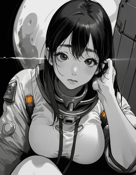 Korean girl wearing astronaut suit on the moon, (Extremely exquisite and beautiful work), pretty face, Lumbar leakage, whole body, casual posture, big breasts, Exquisite figure, Realistic photos, (portrait), [smokes], [haze], natural lighting, shallow view...