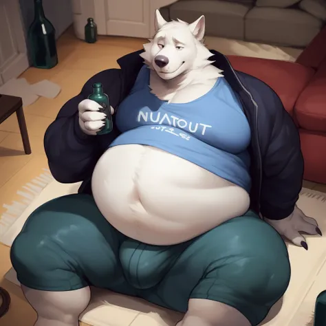 4k ultra quality, 4k full body view,ultra high detailed body, male, lazy wolf, detailed body, (detailed belly), white fur, big wolf, wide chubby face, overweight male,((huge belly)),chubby belly, (big belly), (round belly), (enormous belly), enormous body,...